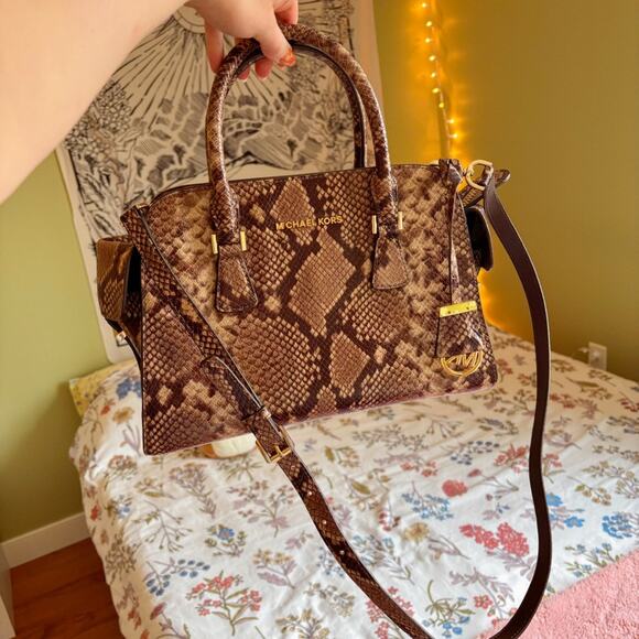 MICHAEL KORS Embossed Leather Snakeskin Satchel Handbag 🐍🤎 - Picture 1 of 8